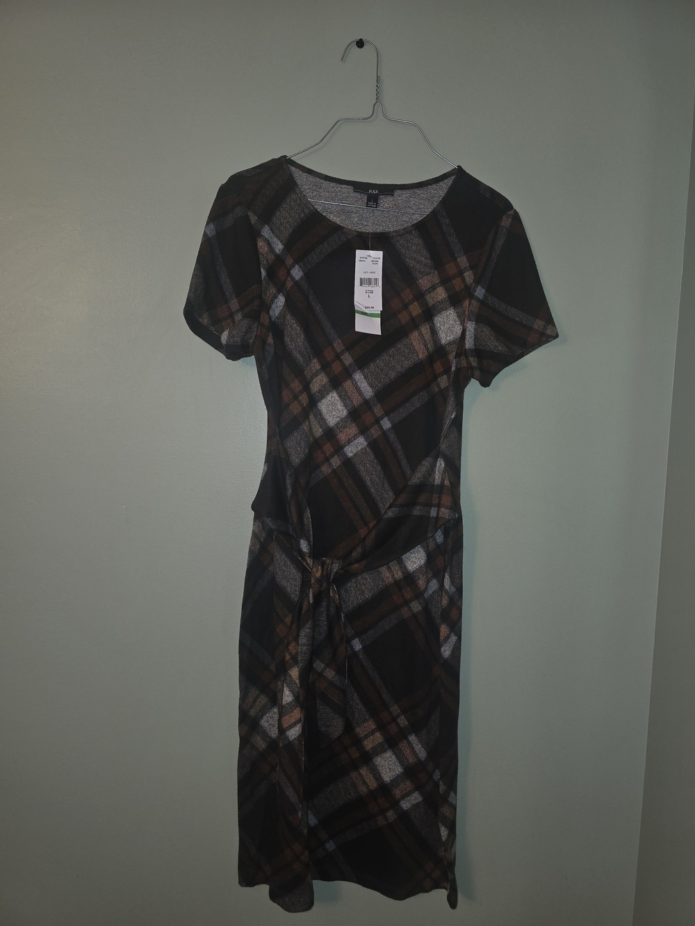 R&K Black, Brown & Gray Plaid Tie-Waist Midi Dress
